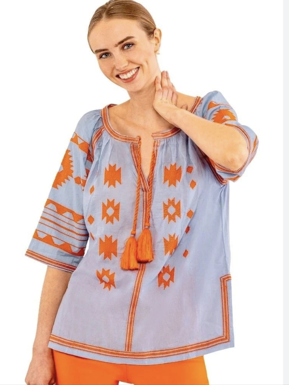 Gretchen Scott Montezuma Tunic Light Blue Orange Embroidered Cotton Boho Top XL - Picture 2 of 14